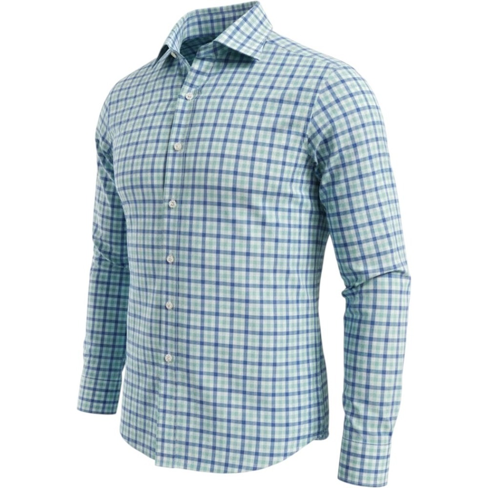 Alton Lane Mens Blue Green Gingham Check Long Sleeve Dress Shirt Spread Collar